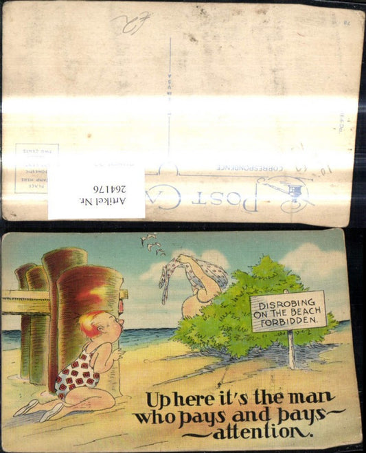 264176,Künstler Ak Bub beobachtet Mann hinter Busch Strand Spruch Scherz Humor