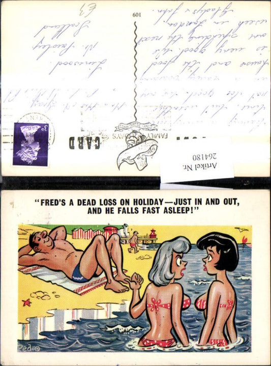 264180,Künstler Ak Pedro Frauen i. Bikini i. Wasser Mann schläft a. Strand Spruch Scherz Humor