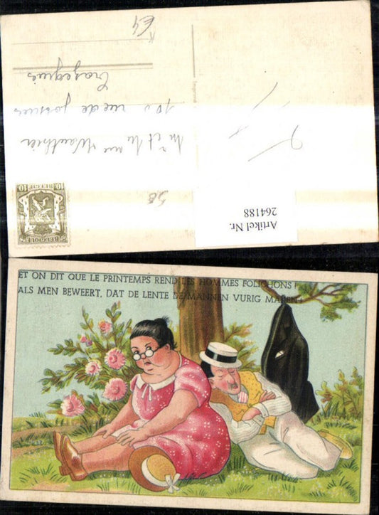 264188,Künstler Ak Dicke Frau Mann schläft unter Baum Spruch Scherz Humor