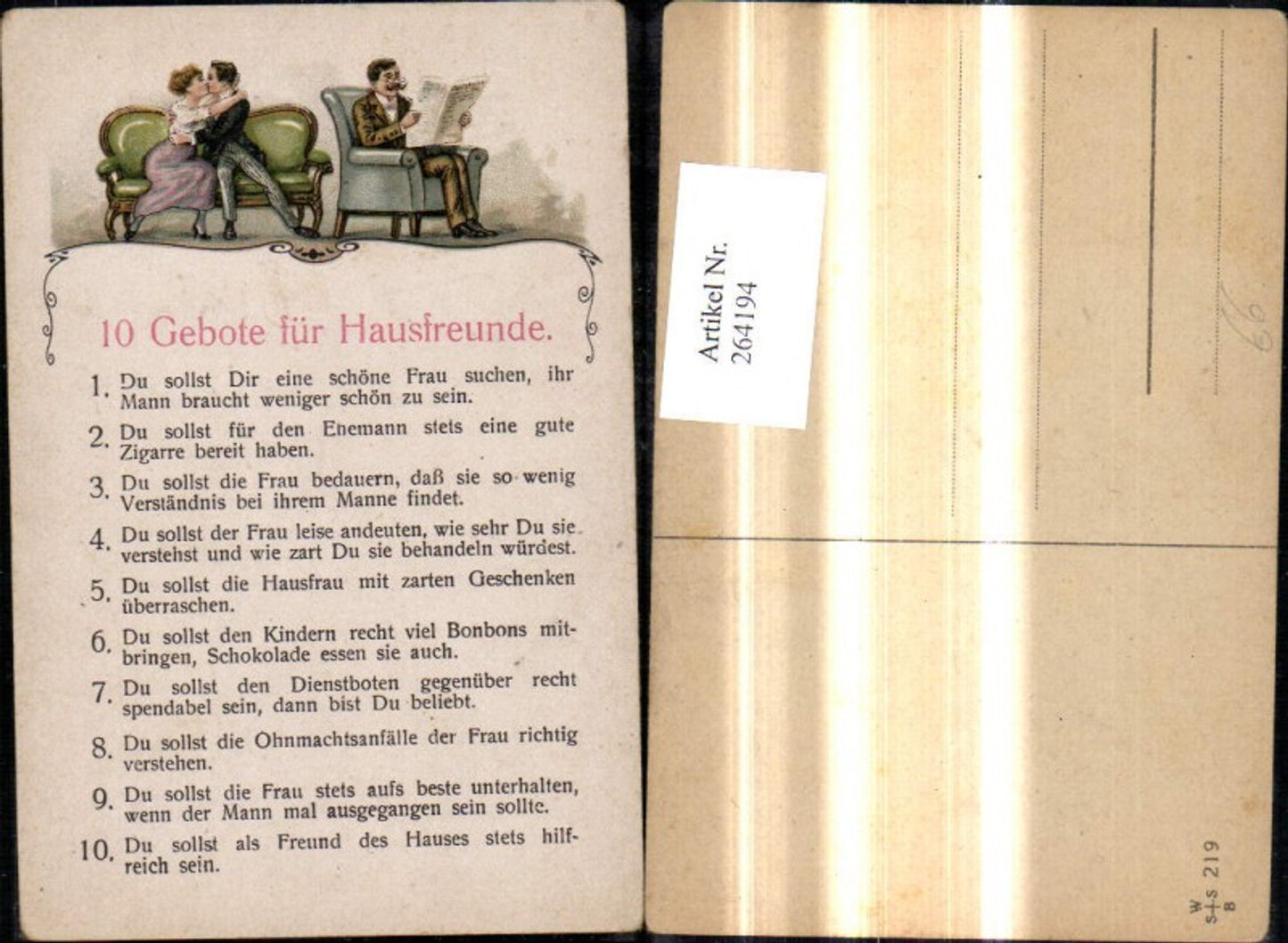 264194,Künstler Ak Paar Kuss Mann liest Zeitung Lesen 10 Gebote für Hausfreunde Scherz Humor