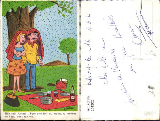 264202,Künstler Ak A. Gondot Paar unter Baum Regen Picknick Spruch Scherz Humor