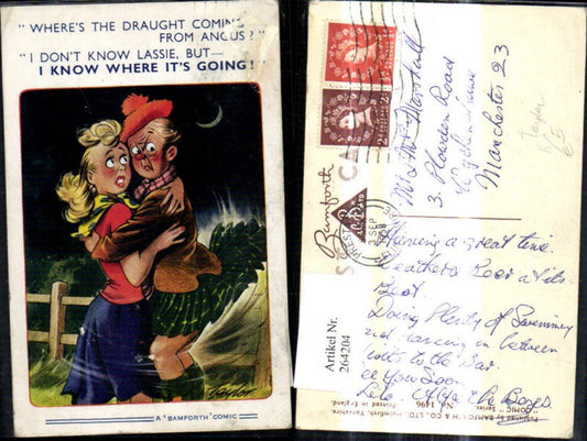 264204,Künstler Ak Taylor Paar Umarmung Schottenrock wird v. Wind hochgeweht Spruch Scherz Humor