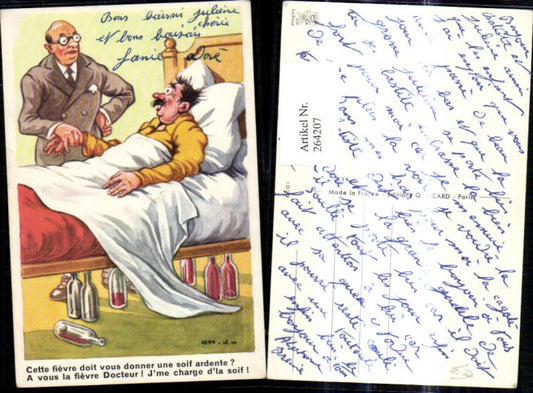 264207,Künstler Ak Kranker Mann i. Bett Doktor fühlt Puls Spruch Scherz Humor