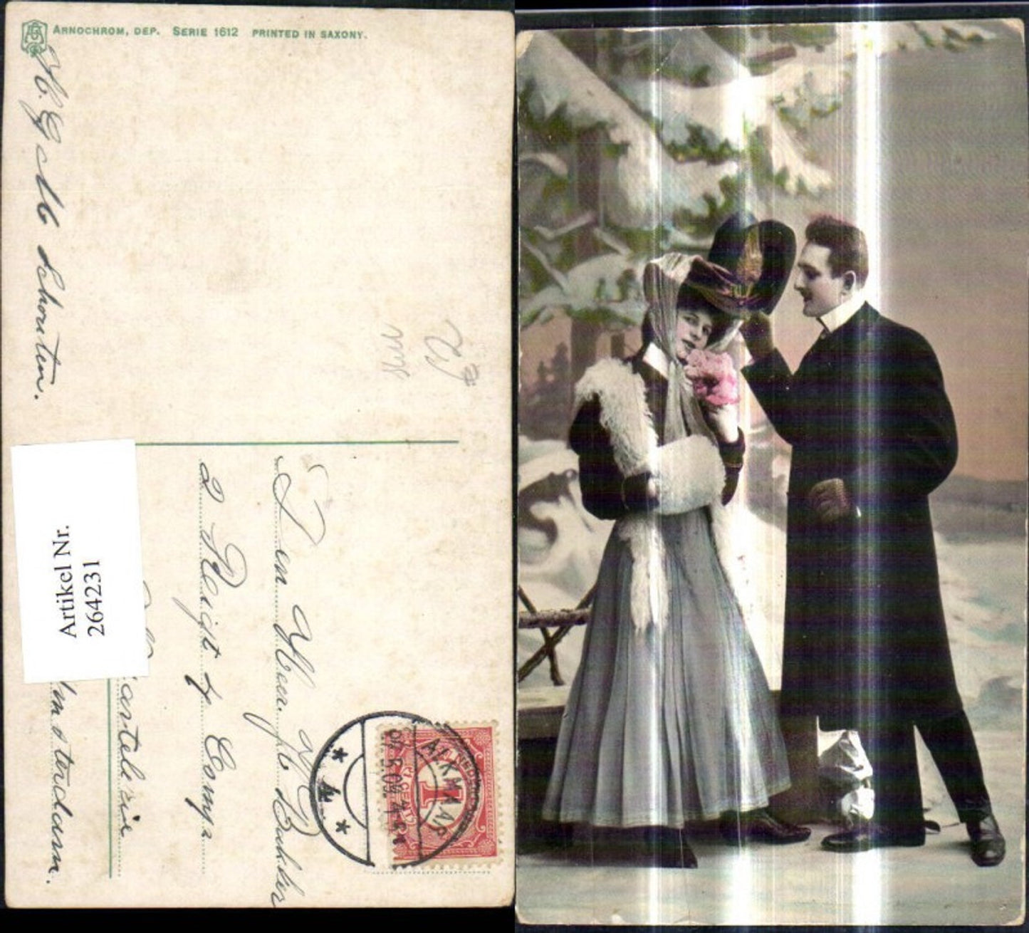 264231,Frau m. Hut Mann m. Anzug Hut Zylinder Muff Winter