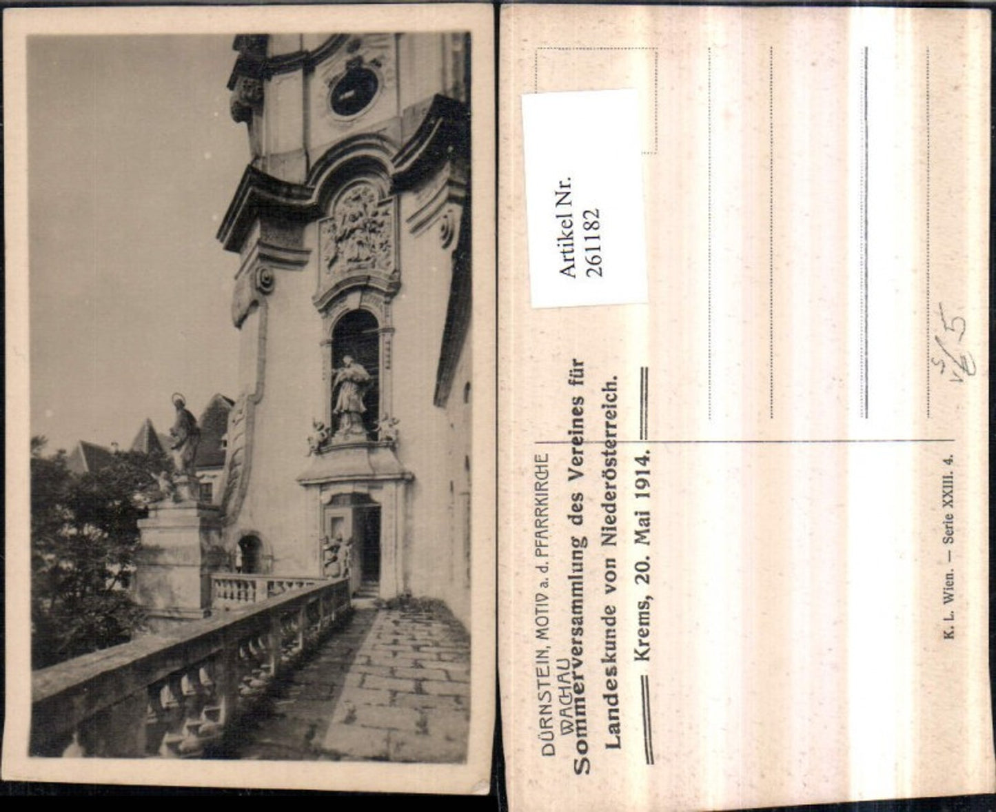 261182,Dürnstein Wachau Motiv Kirche pub Kilophot 23/4 Sommerversammlung Landeskunde Krems 1914 Stempel