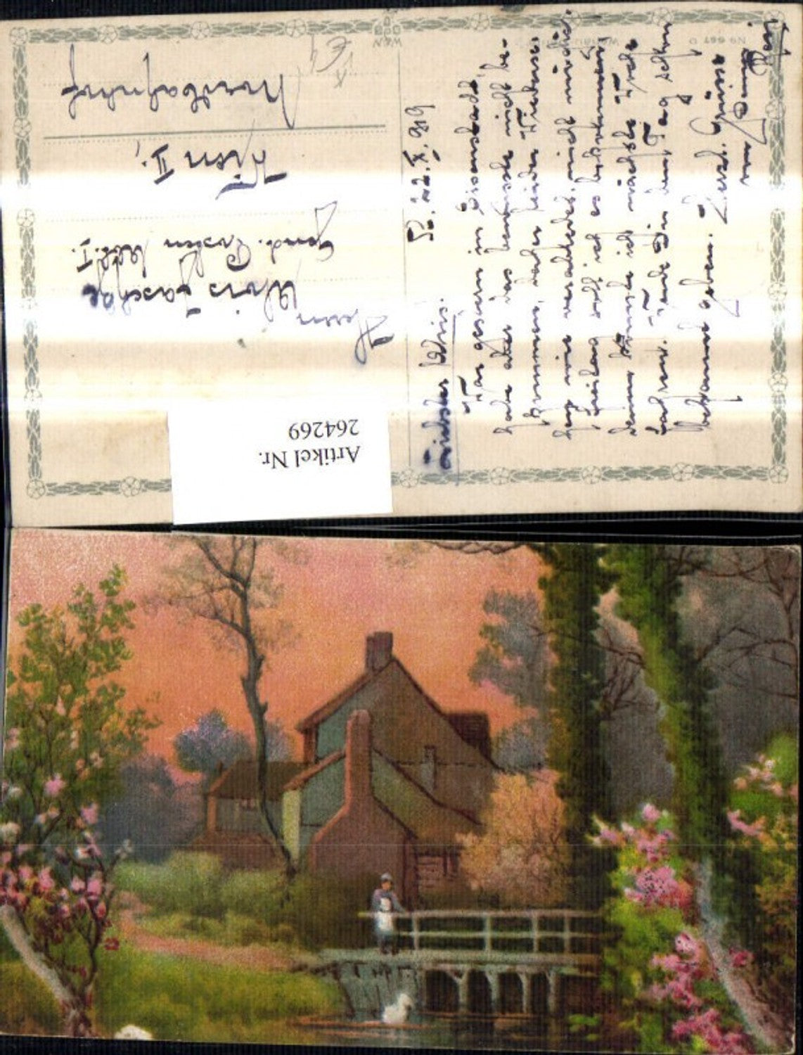264269,Künstler Ak Frau a. Brücke Haus Landschaft pub Wenau Delila 667 D