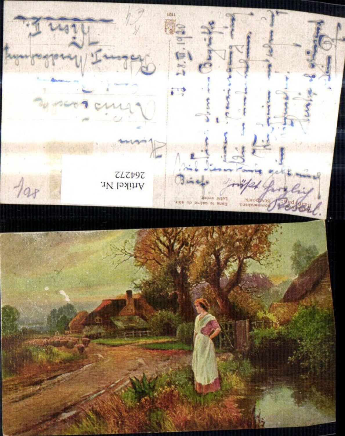 264272,Künstler Ak Walbourne Sommerabend Frau Schafherde Dorf Landschaft