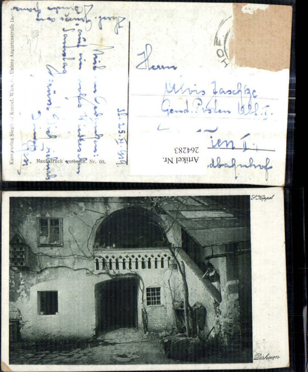 264283,Künstler Ak S. Koppel Daheim Haus Hof Innenhof Frau a. Stiege