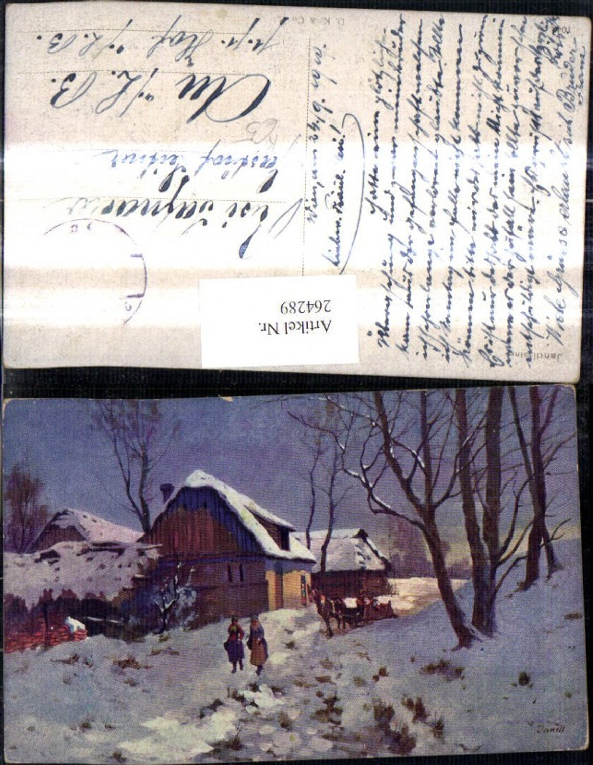 264289,Künstler Ak Jandl Frauen Pferdeschlitten Haus Winterlandschaft