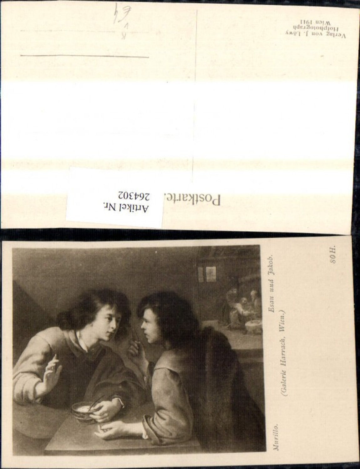 264302,Künstler Ak Murillo Esau und Jakob Männer Gespräch a. Tisch pub J. Löwy Wien 80 H