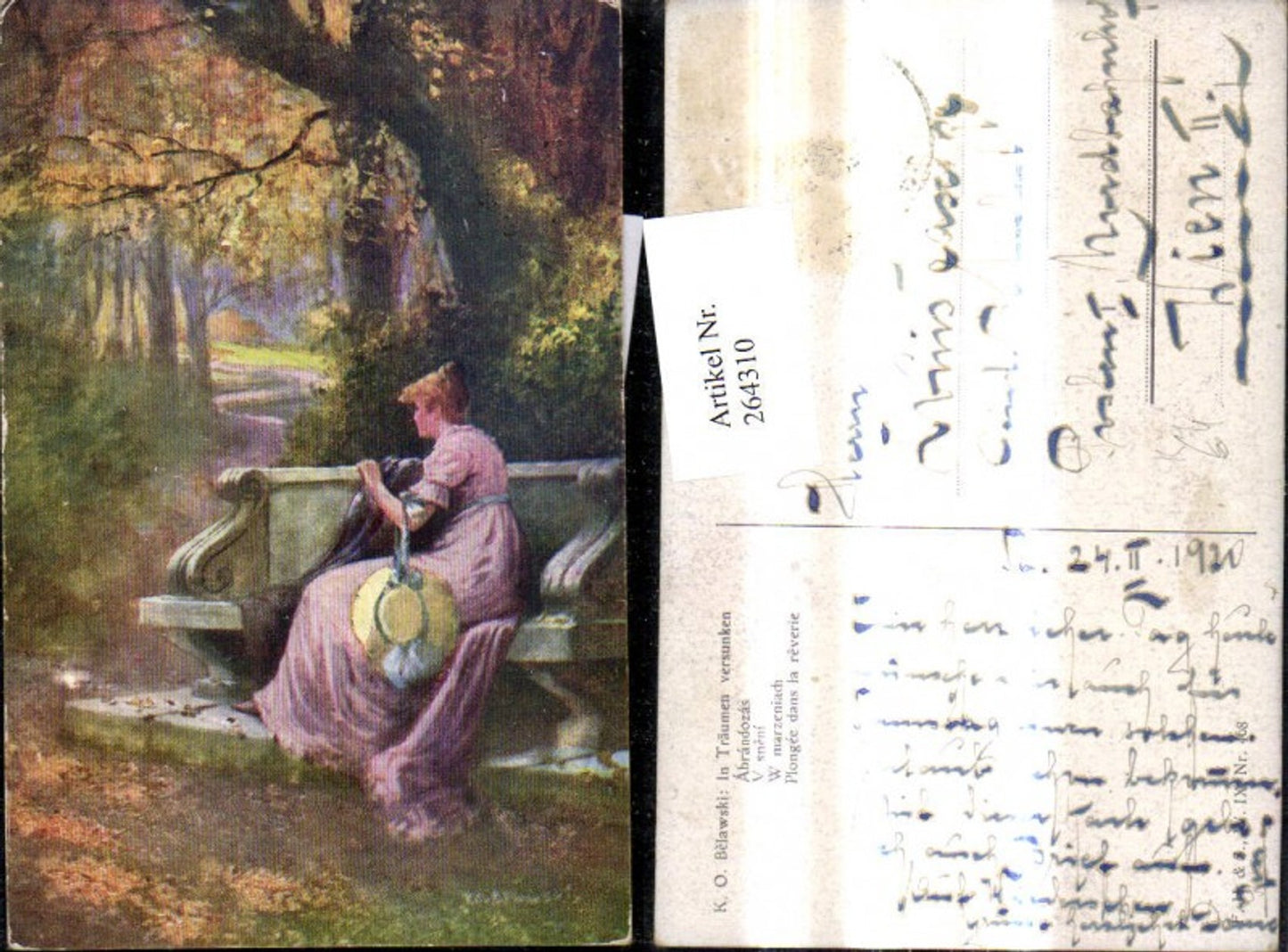 264310,Künstler Ak K. O. Belawski In Träumen versunken Frau sitzt a. Steinbank Park Landschaft