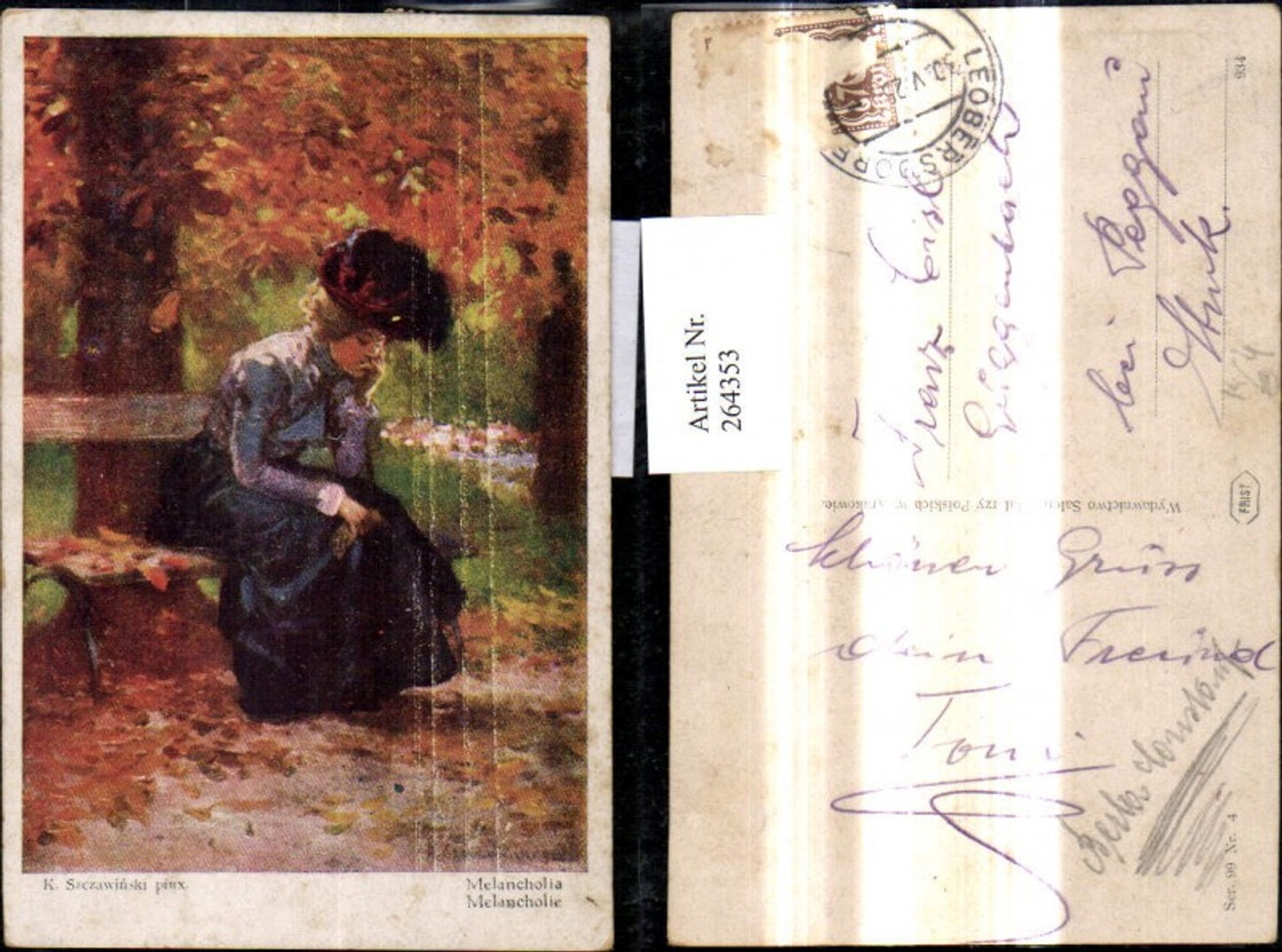 264353, Artist Ak K. Szczawinski Melancholia Woman on a Bench Autumn Mood Park Trees