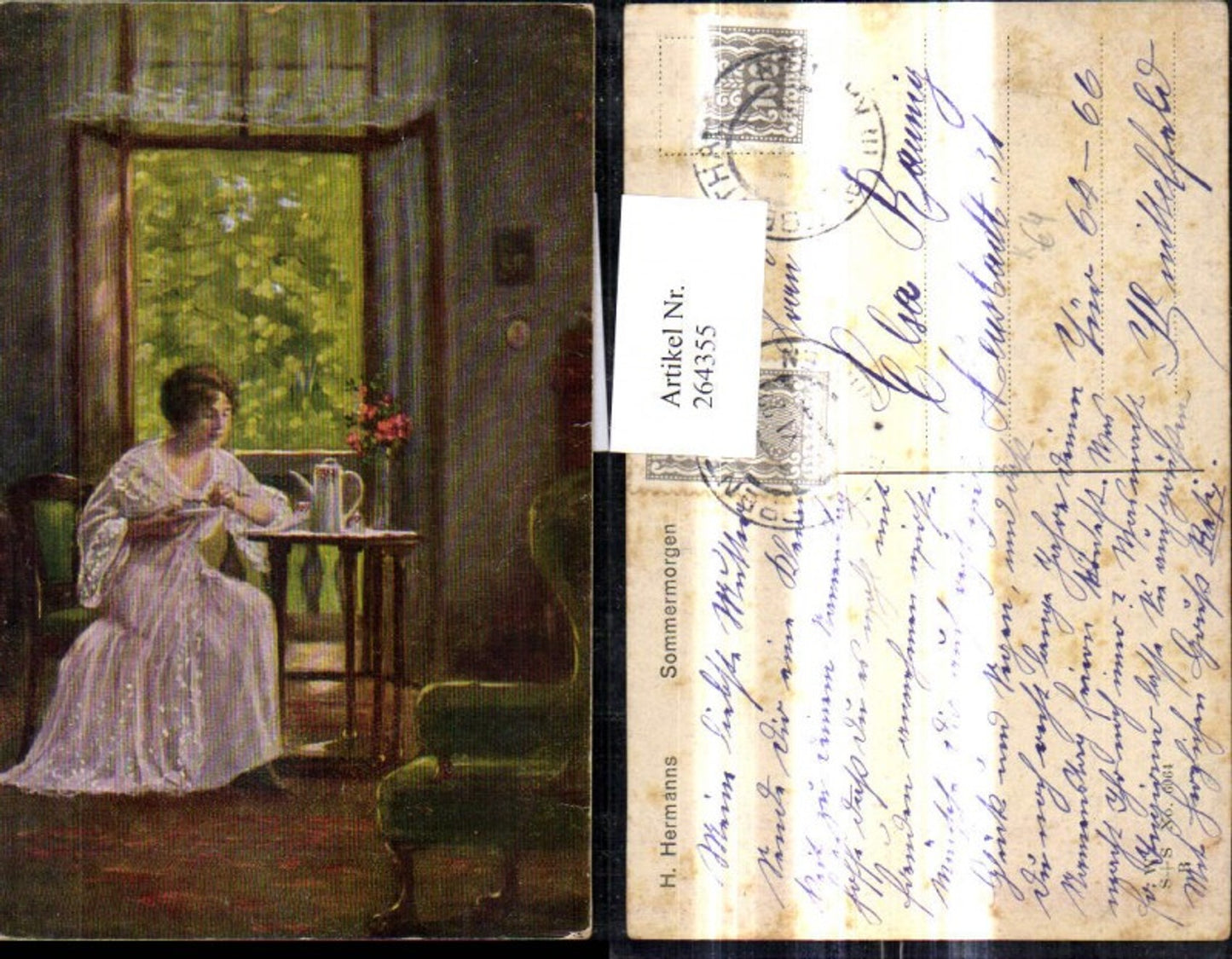 264355,Künstler Ak H. Hermanns Sommermorgen Frau a. Kaffeetisch v. Fenster