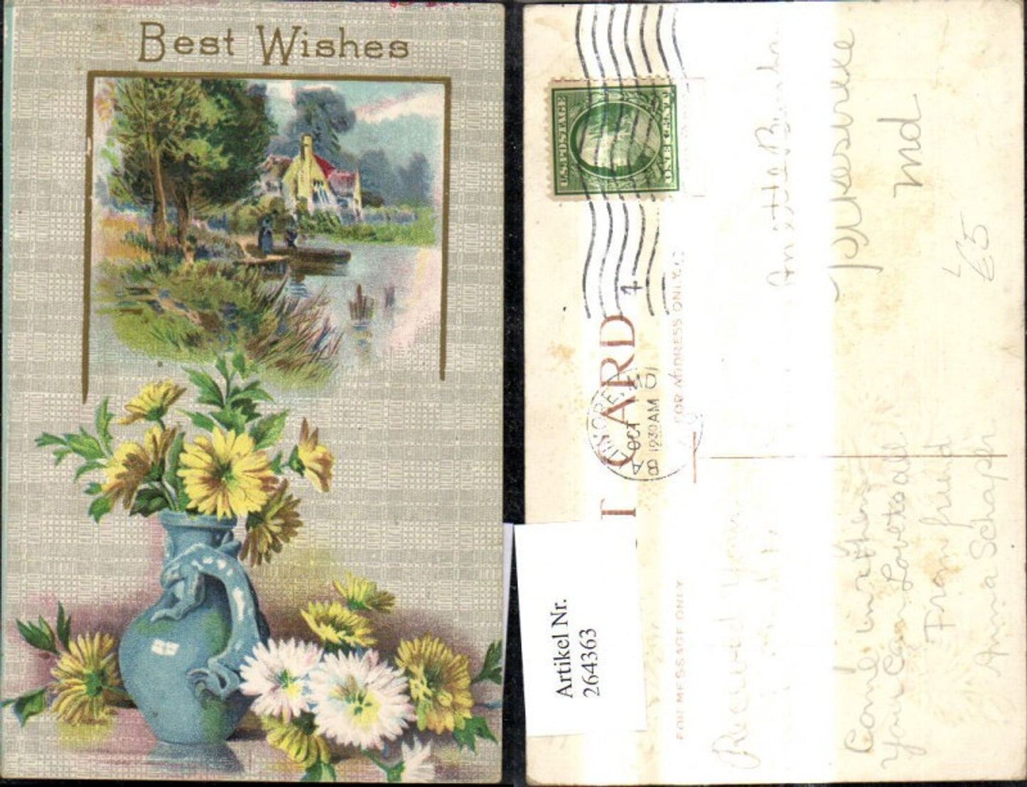 264363,Präge Litho Haus Boot Landschaft Blumenvase Blumen Best Wishes