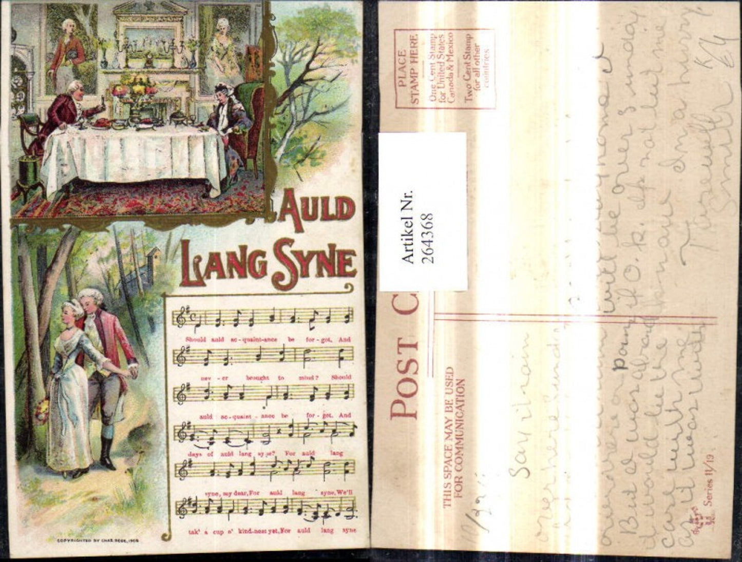 264368,Präge Künstler Ak Paar i. Park Tisch Auld Land Syne Text Notenzeilen Liedkarte