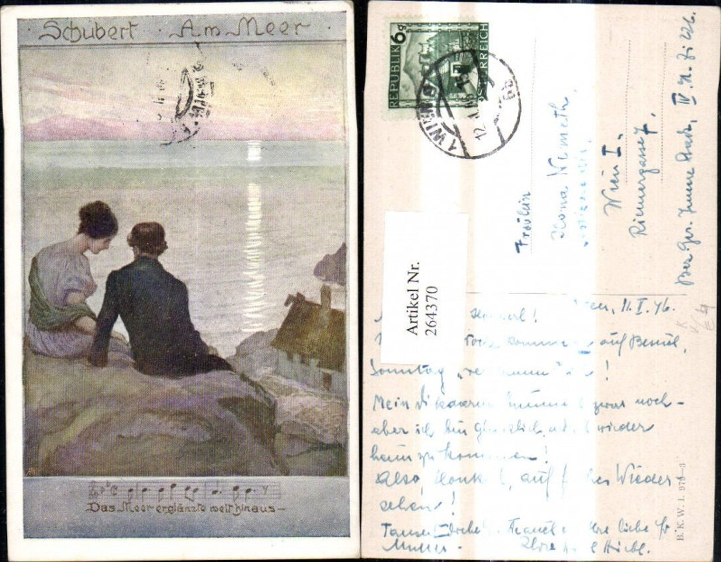 264370,Künstler Ak Schubert Am Meer Paar Notenzeile Liedkarte pub B.K.W.I. Brüder Kohn 979-3