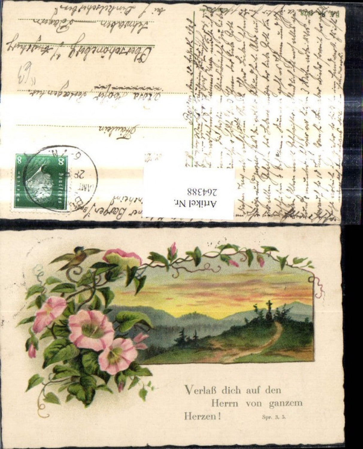 264388,Künstler Ak Kreuz Landschaft Blumenranke Vogel
