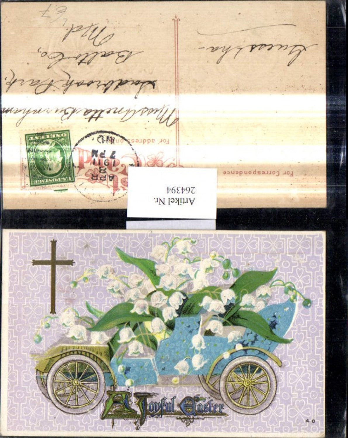 264394,Präge Litho Automobil Oldtimer a. Blumen Blüten Vergissmeinnicht Maiglöckchen Kreuz Goldverzierung