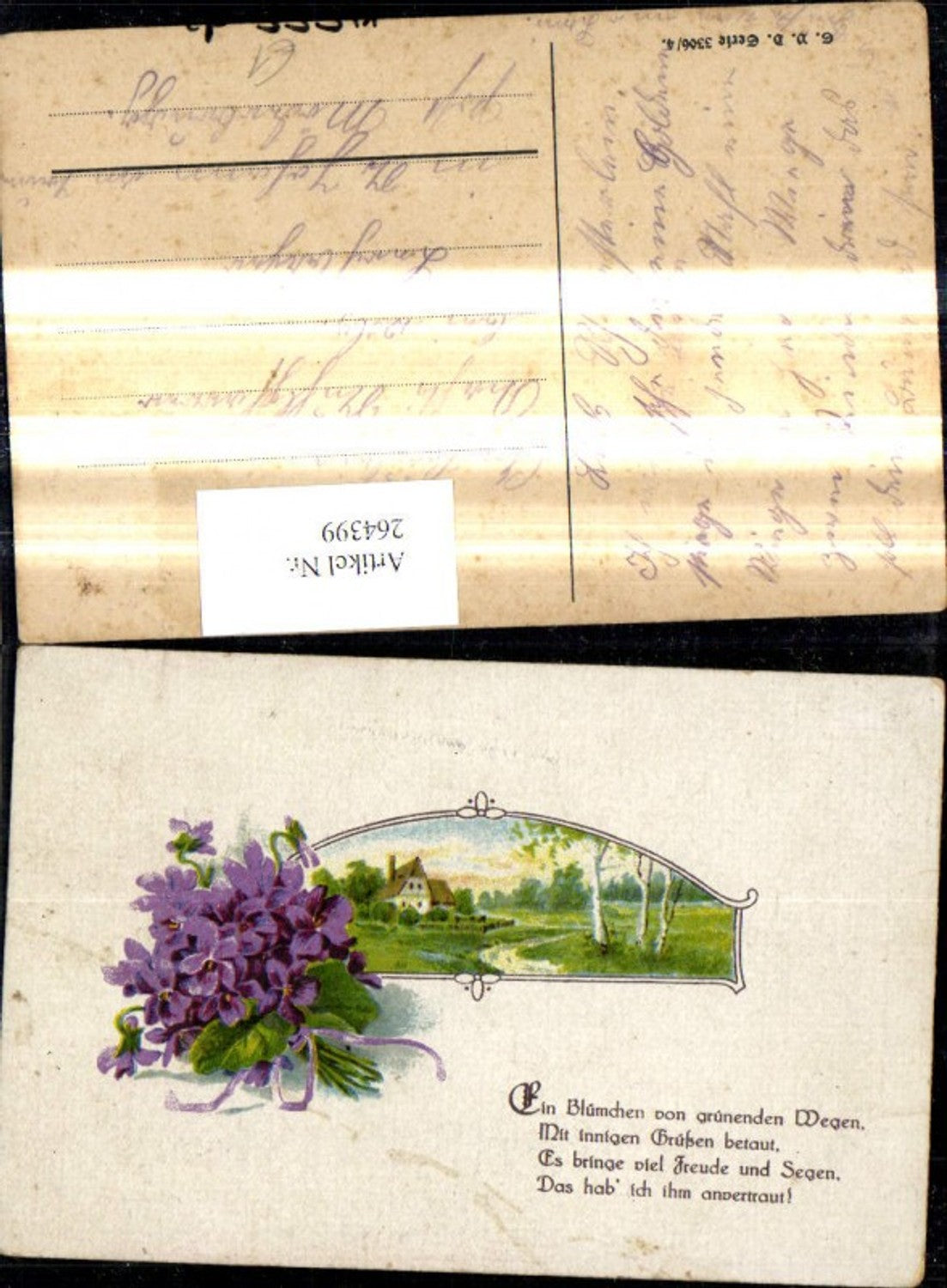 264399,Künstler Ak Haus Landschaft Birken Passepartout Veilchen Blumen Spruch Text