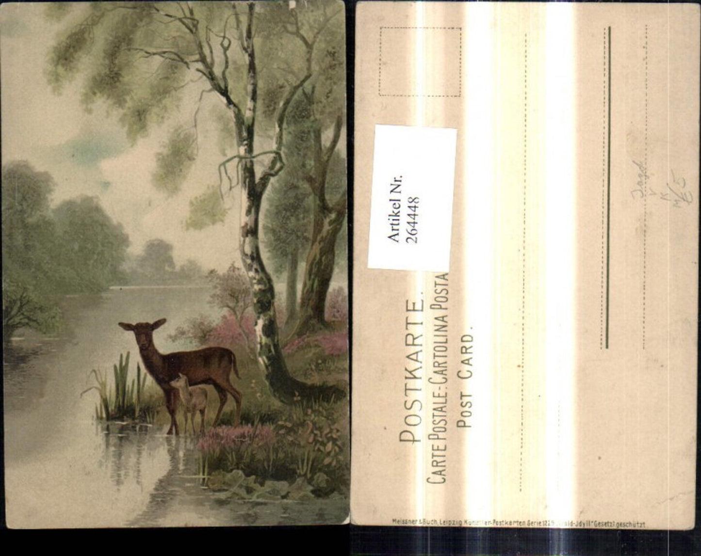 264448,Künstler Ak Meissner & Buch 1229 Wald Idyll Rehe Wild Fluß Landschaft Jagd