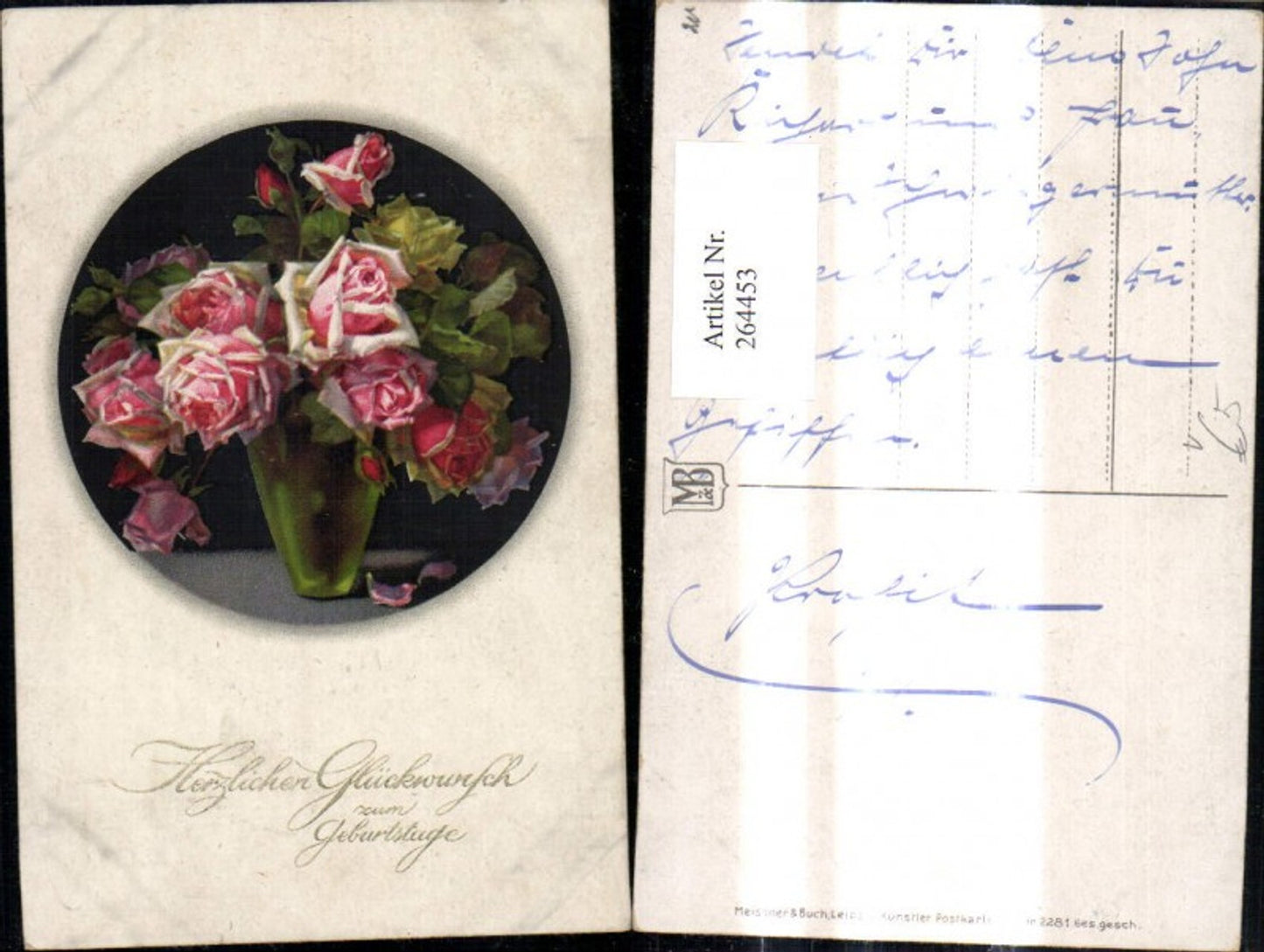 264453,Künstler Ak Meissner & Buch 2281 Blumenvase Rosen Vase Passepartout Geburtstag