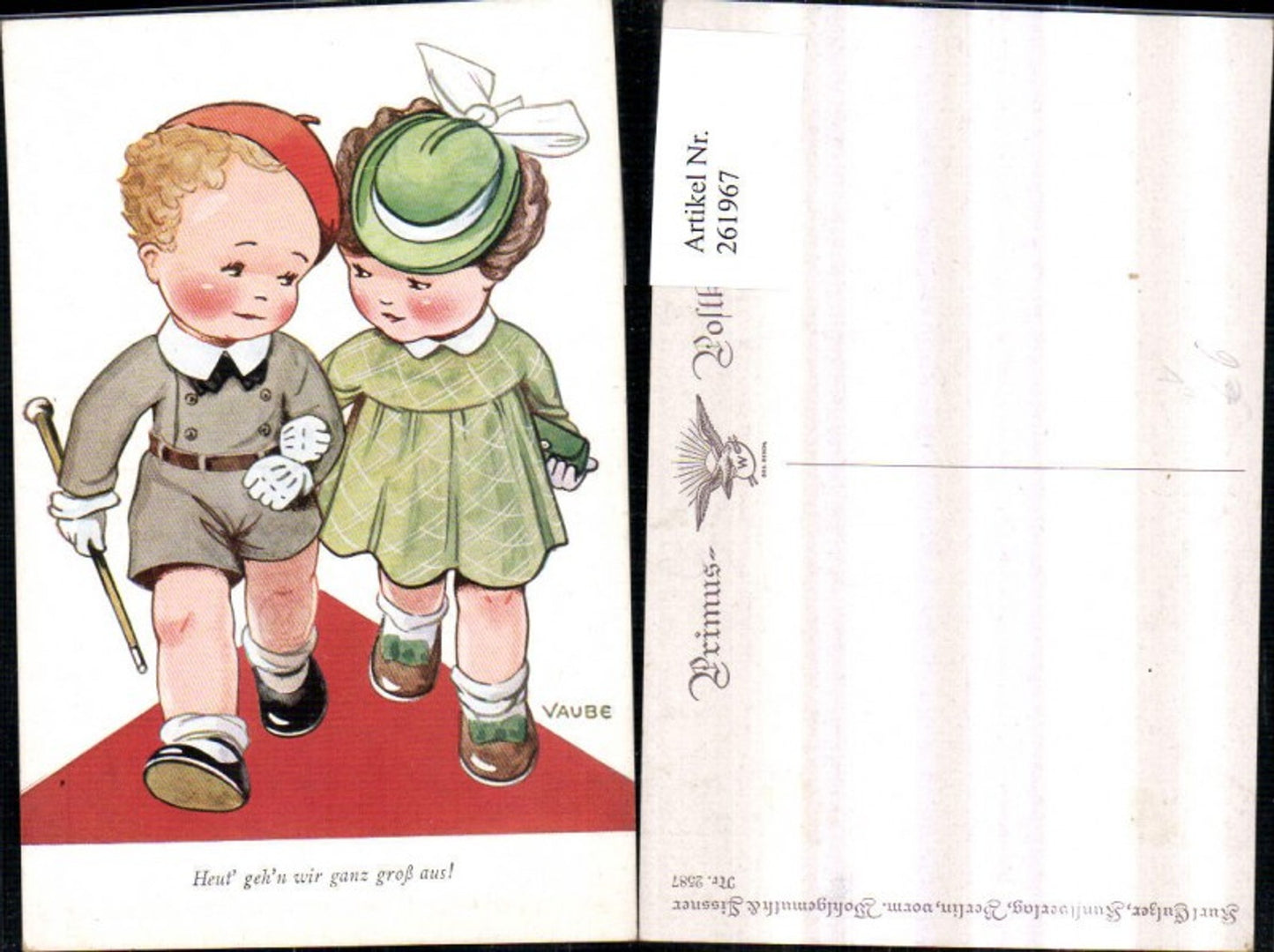 261967,Primus AK 2587 Künstler Vaube Junge Bub u. Mädchen Hut Kleid Tasche Stock