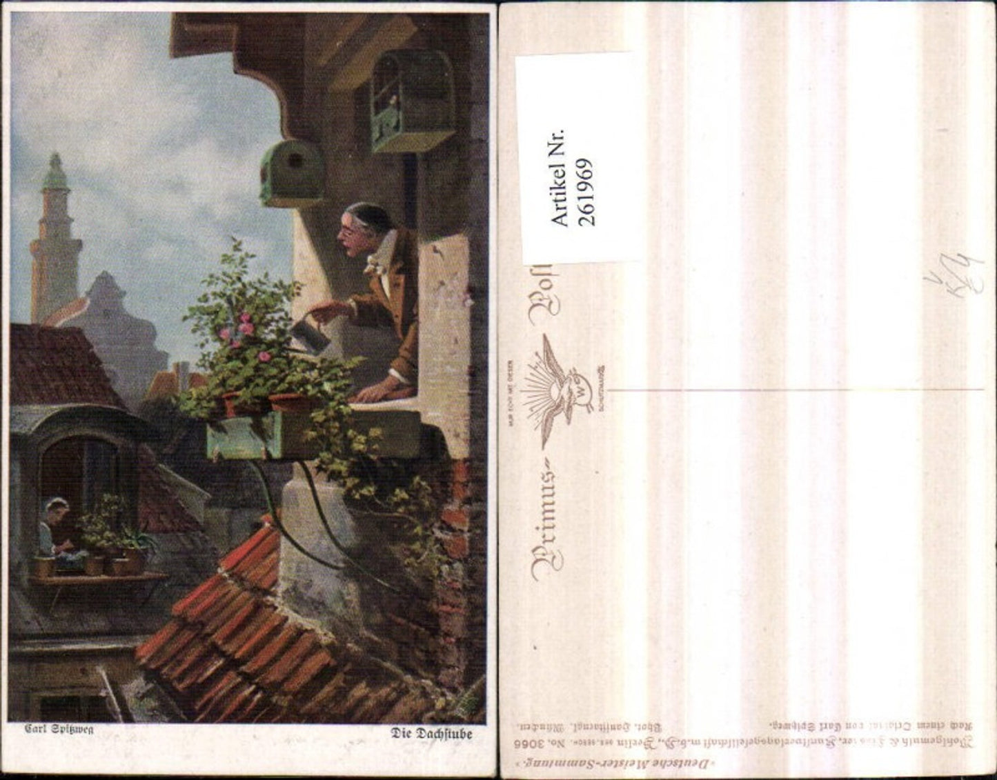 261969,Primus AK 3066 Künstler Carl Spitzweg Die Dachstube Balkon Gießkanne Kirche