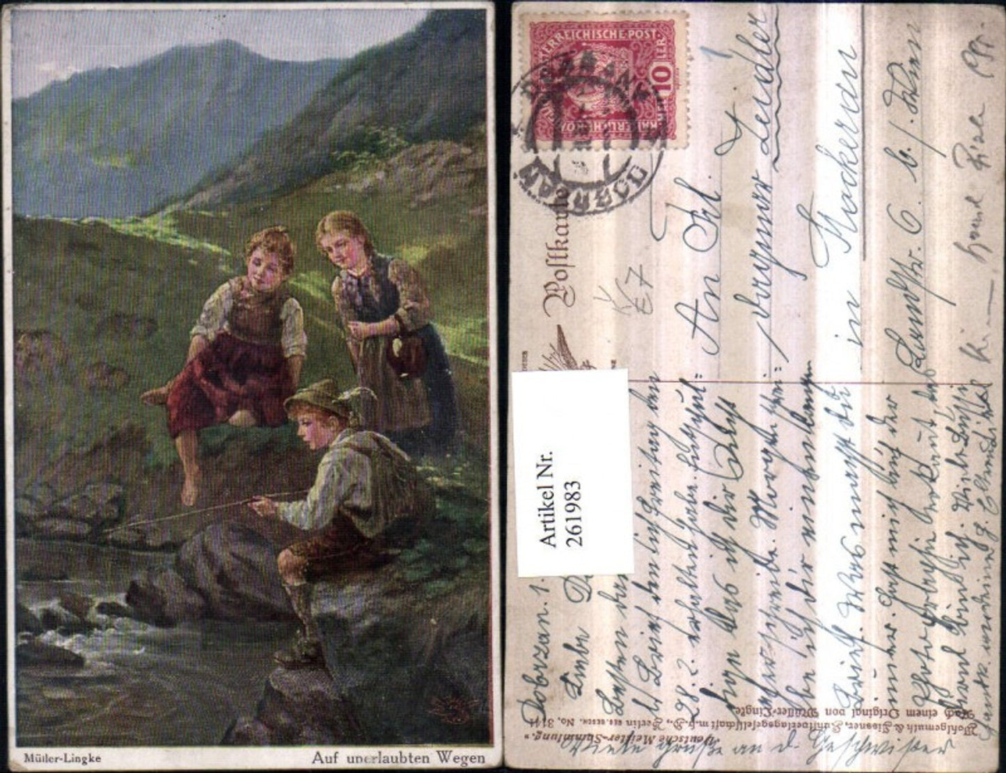 261983, Primus AK 3141 Artist Müller-Lingke On unauthorized paths Children b. Bach Stick Feather hat Backpack