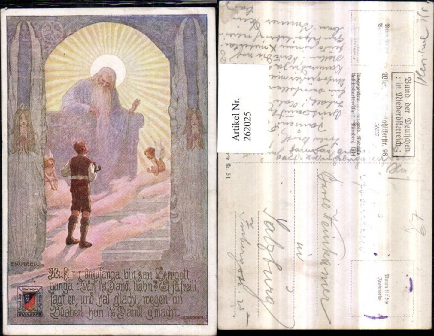 262025,Künstler AK Ernst Kutzer Gott Mann Engel Text Spruch pub Bund d. Deutschen in Niederösterreich