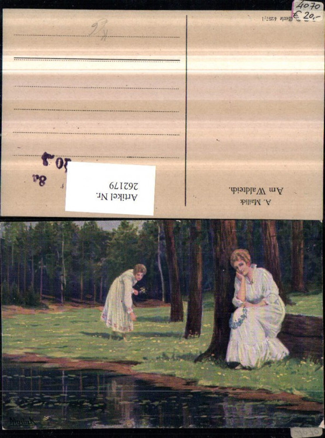 262179,Künstler AK Alfred Mailick Am Waldteich Frauen m. Kleider b. Blumen pflücken