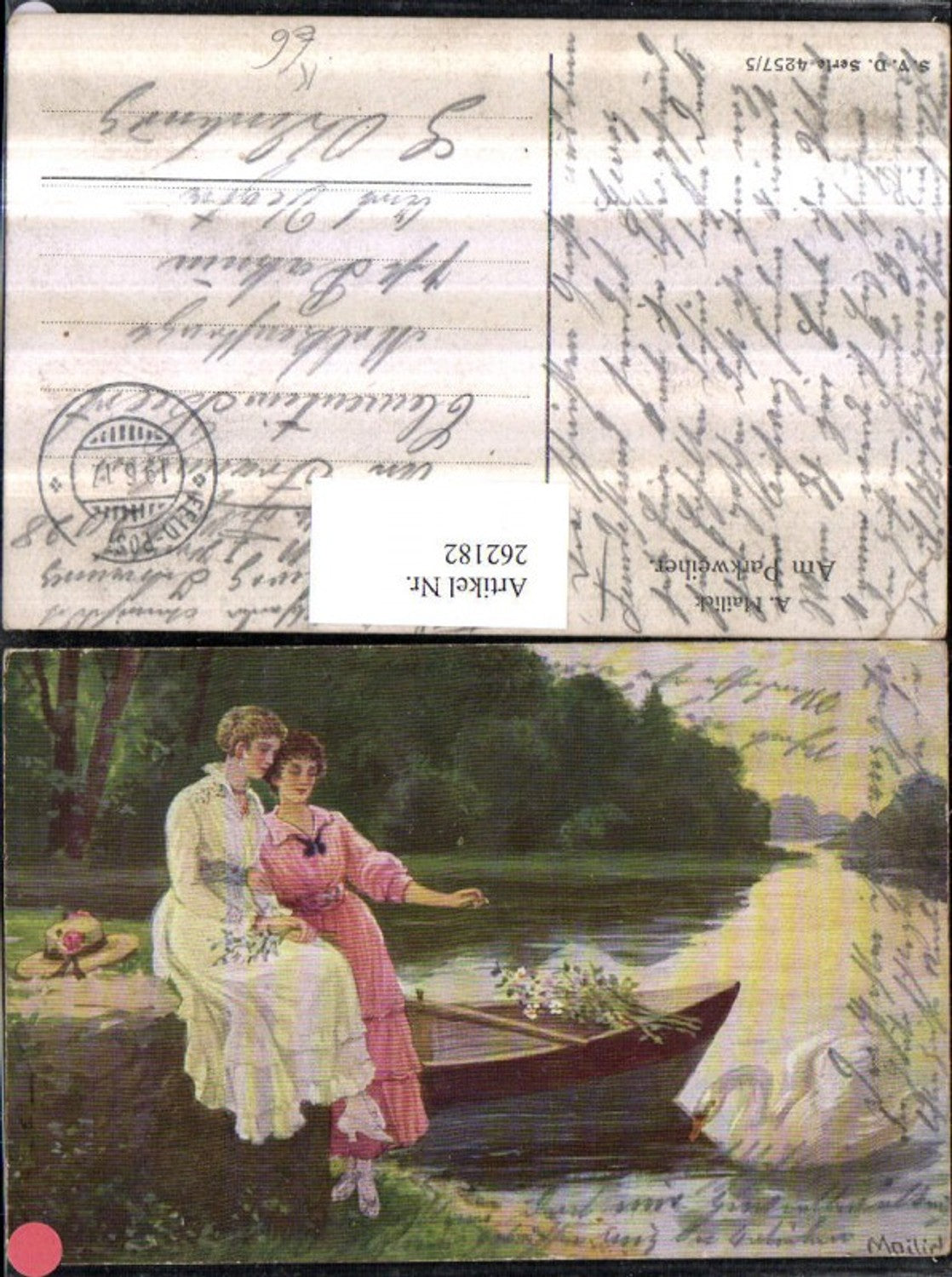 262182,Künstler AK Alfred Mailick Am Parkweiher Frauen m. Kleider Ruderboot Schwan Hut Blumenstrauß