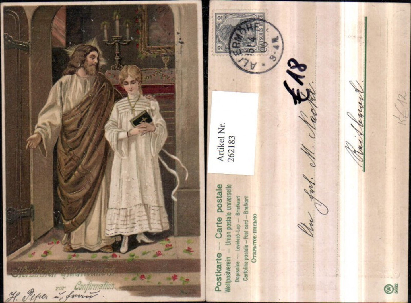 262183,Präge Künstler Litho AK Alfred Mailick Goldverzierung Konfirmation Jesus Christus Mädchen Bibel