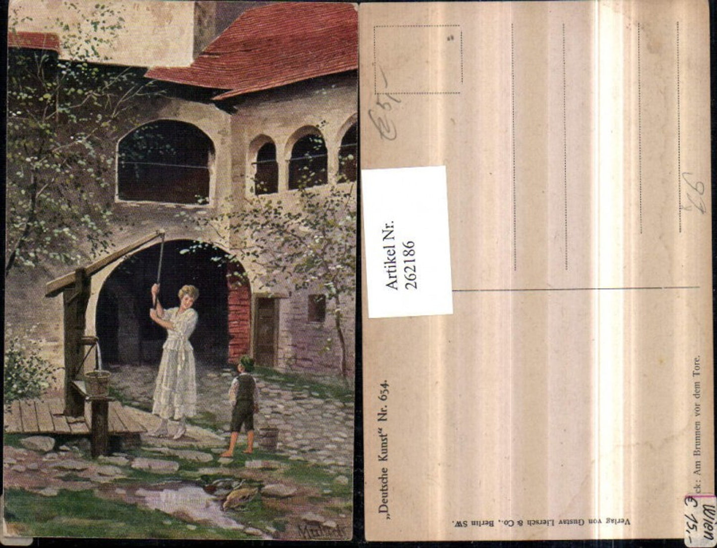 262186,Künstler AK Alfred Mailick Am Brunnen vor dem Tore Frau m. Kleid Kind Eimer