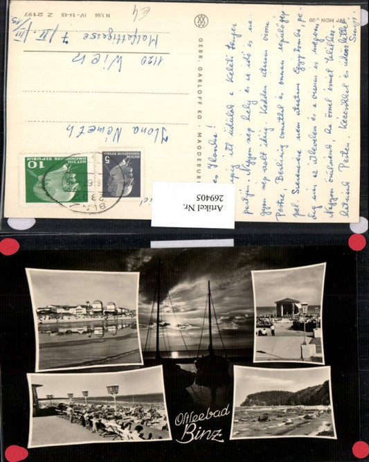 269405,Ostseebad Bad Binz Mehrbildkarte Totale Segelboote Gastgarten Strand