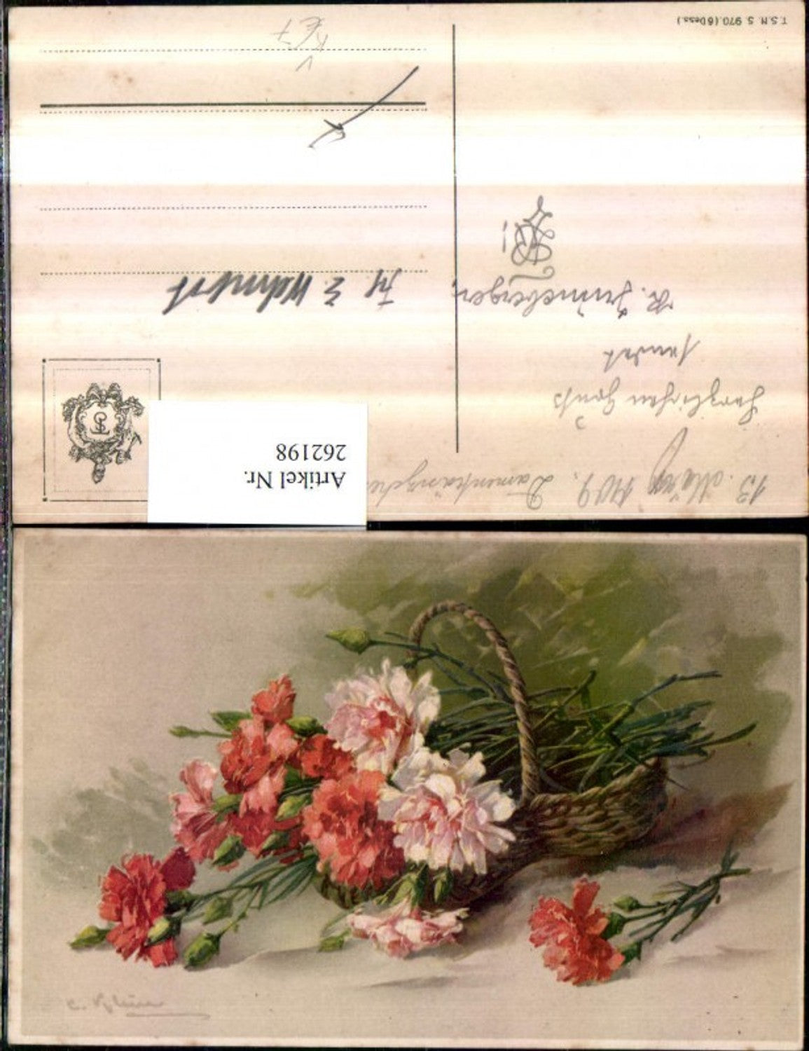 262198,Künstler AK Catharina Klein Korb Blumen Nelken pub Theo Stroefer 970