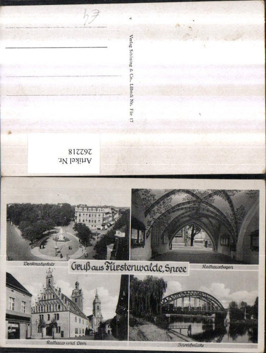 262218,Gruß aus Fürstenwalde an d. Spree Denkmalsplatz Rathausbogen Spreebrücke Rathaus u. Dom Mehrbildkarte