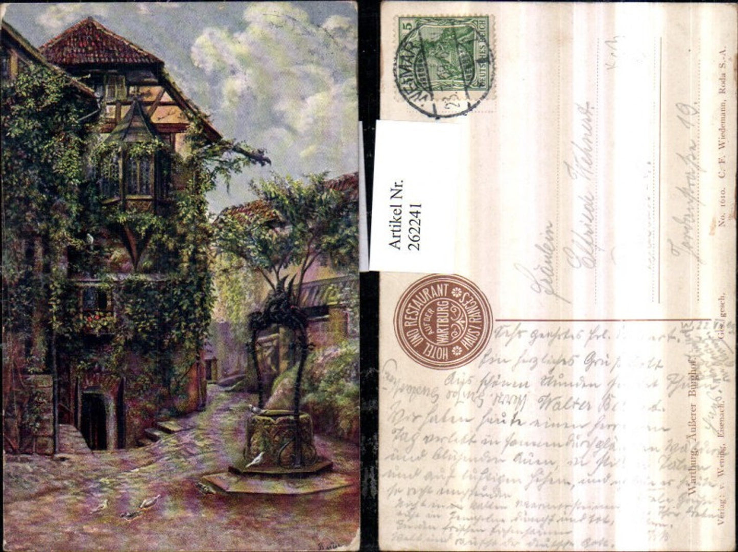 262241, Artist AK Wartburg near Eisenach Outer Castle Courtyard Fountain Bay Window