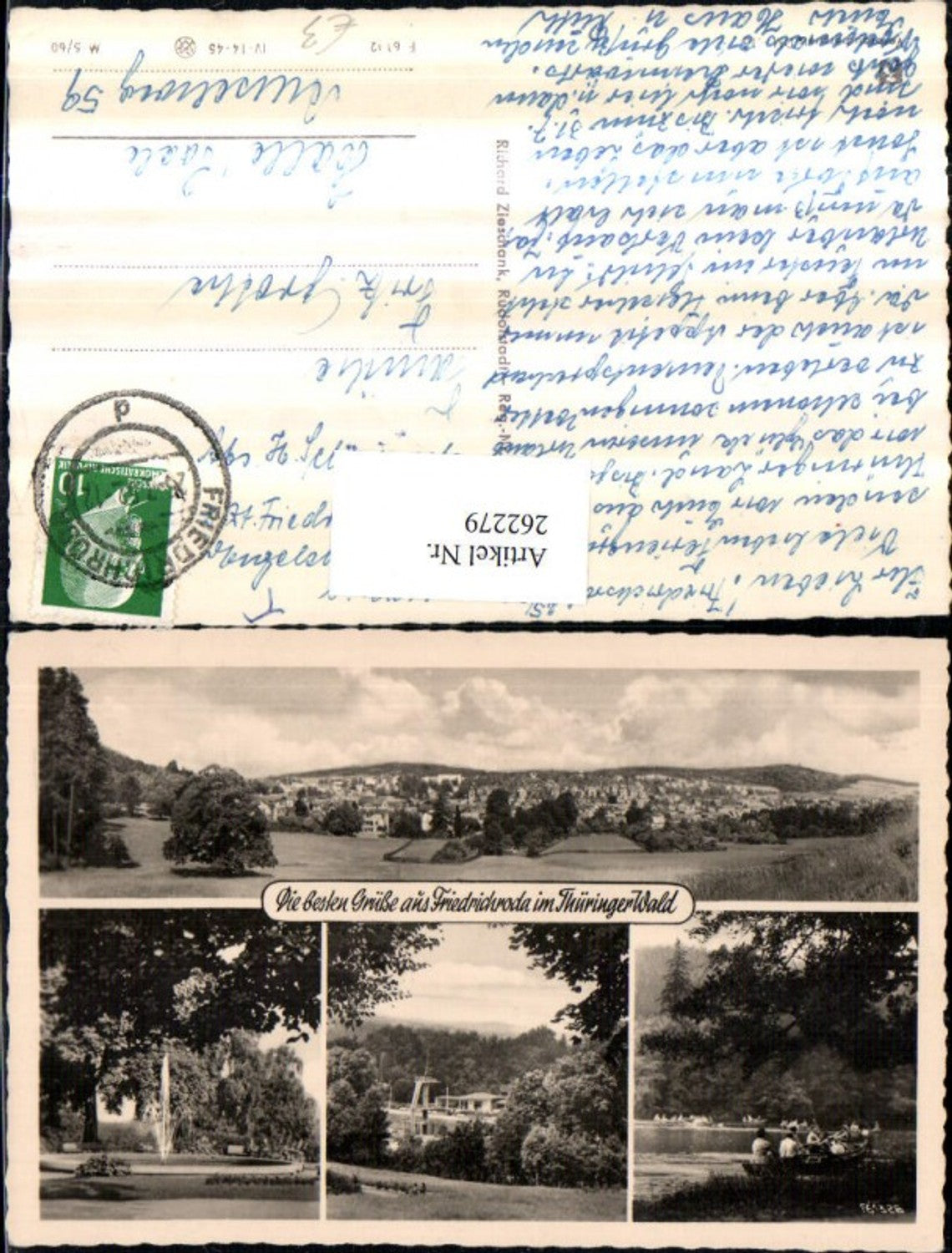 262279, Friedrichroda in the Thuringian Forest, overall view of fountains, outdoor swimming pool, rowing boats, multi-view map