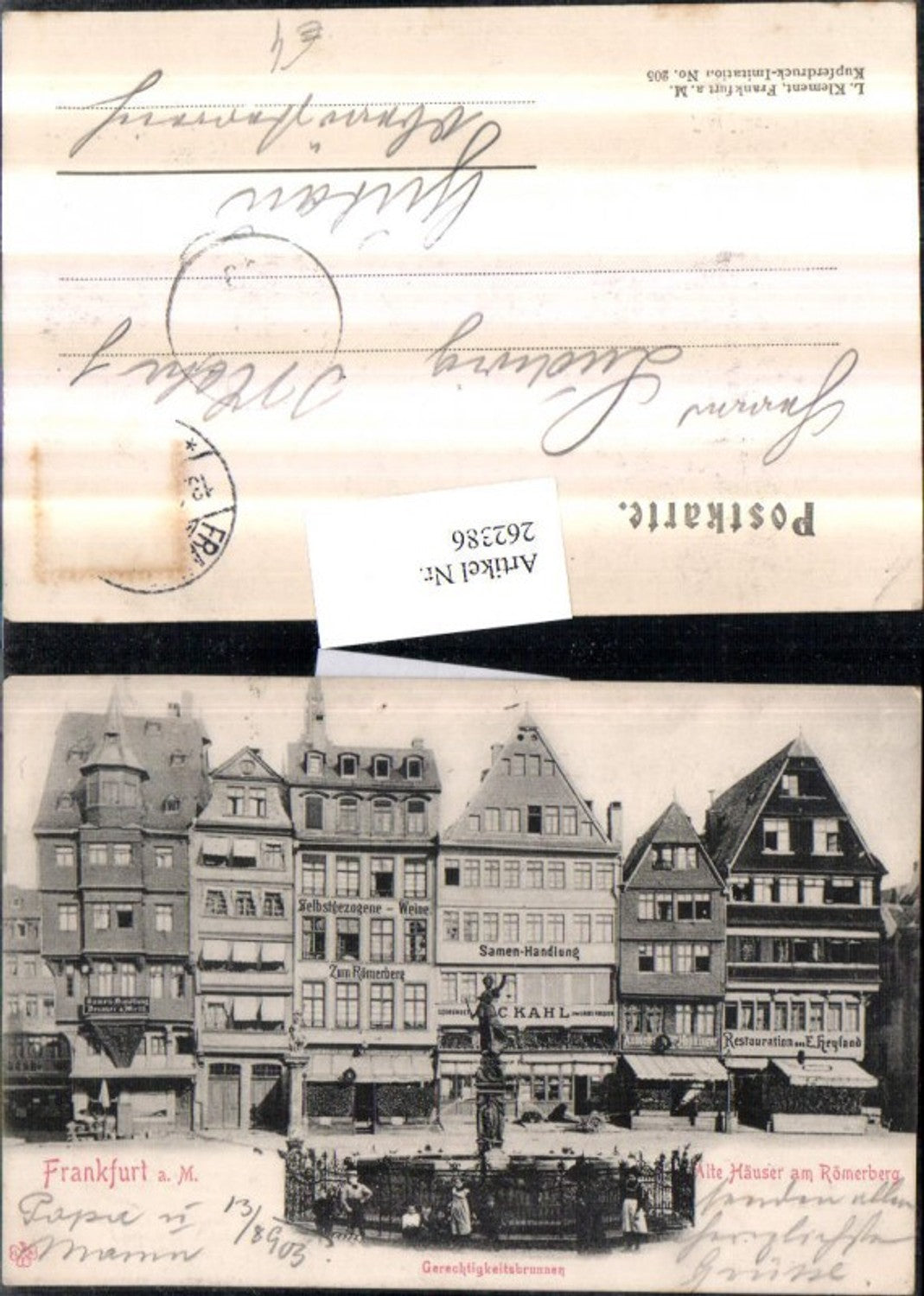 262386,Frankfurt am Main Alte Häuser am Römerberg Geschäfte m. Gerechtigkeitsbrunnen