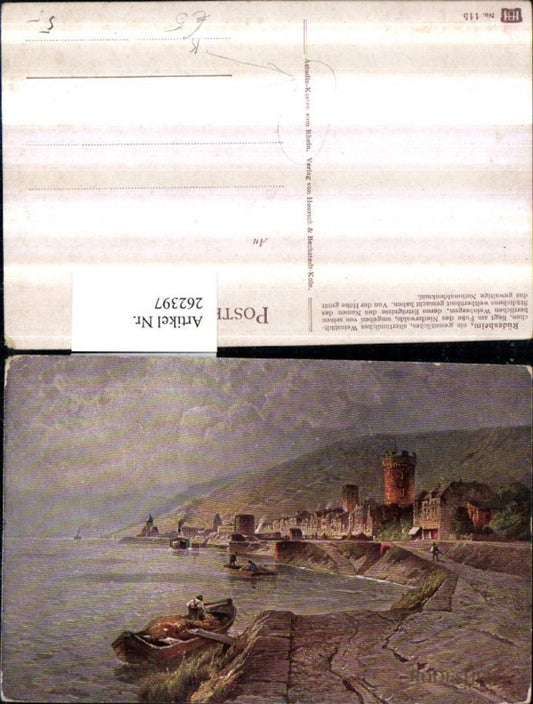 262397,Künstler AK Astudin Rüdesheim am Rhein Teilansicht Turm Ruderboot