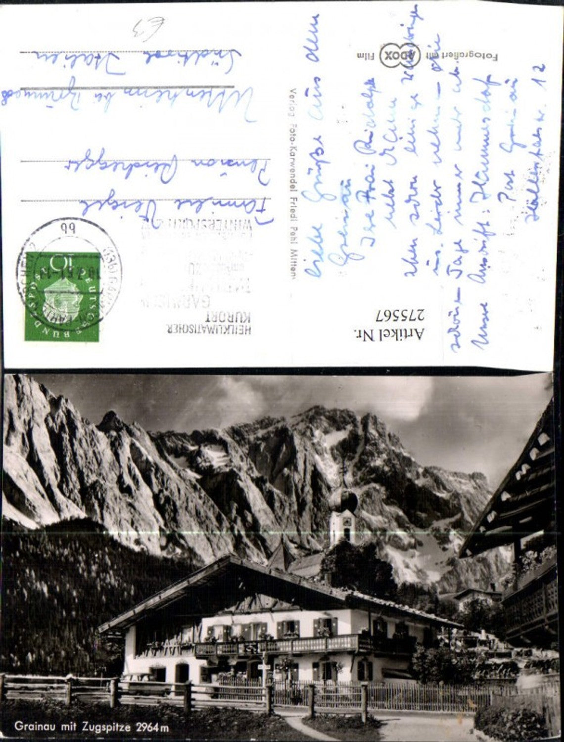 275567,Grainau Hausansicht Kirchenturm m. Zugspitze Bergkulisse