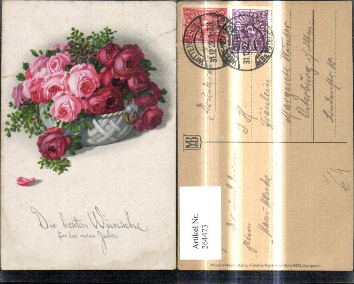 264473,Künstler Ak Meissner & Buch 2474 Rote Rosen Blumen i. Schale Neujahr