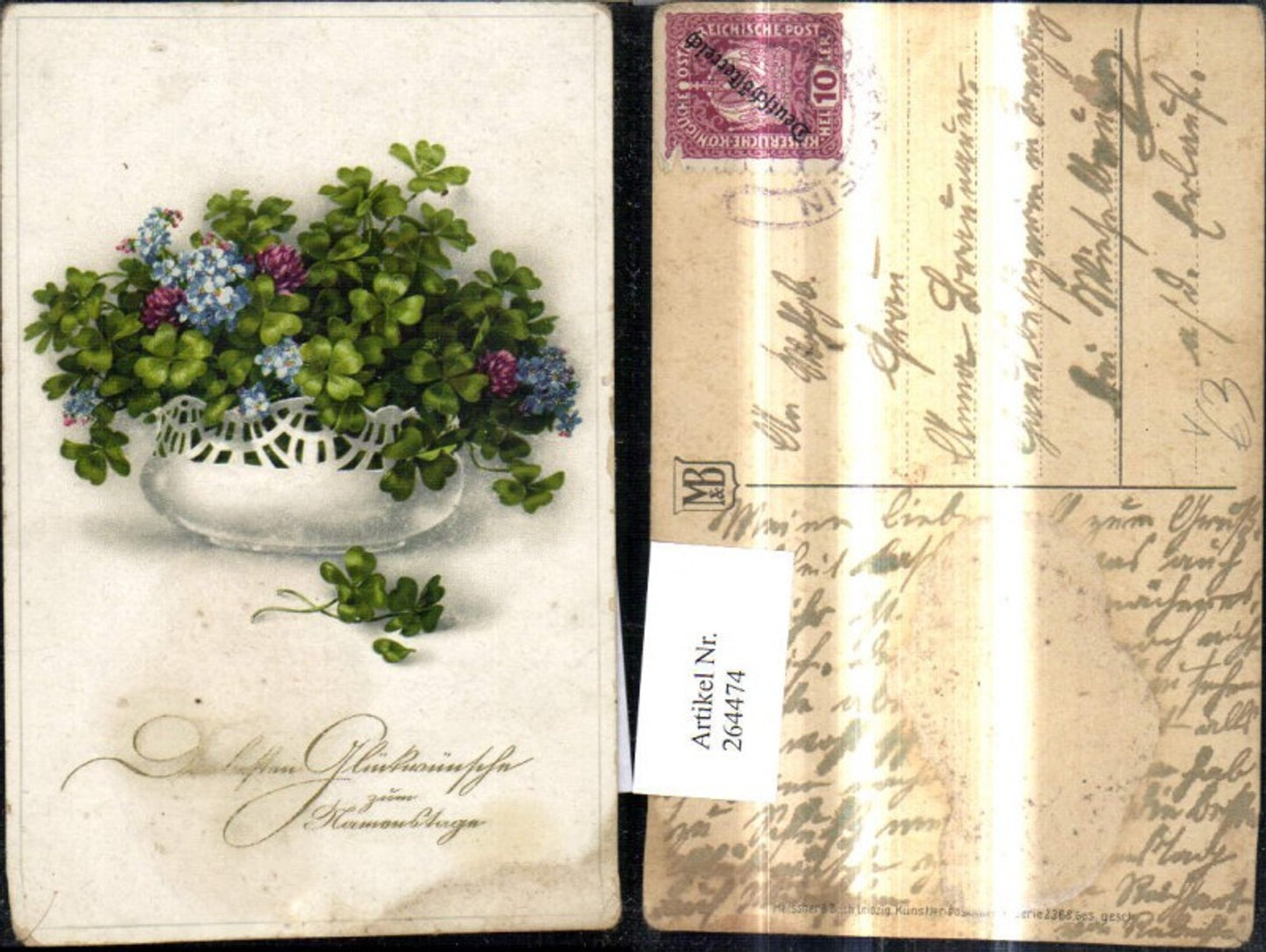 264474,Künstler Ak Meissner & Buch 2368 Blumenschale Vergissmeinnicht Klee Kleeblätter Namenstag