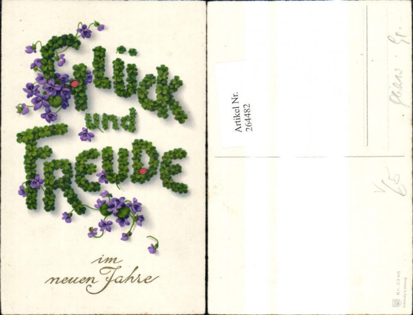 264482,Künstler Ak Meissner & Buch 3346 Schrift m. Kleeblätter Veilchen Blumen Neujahr
