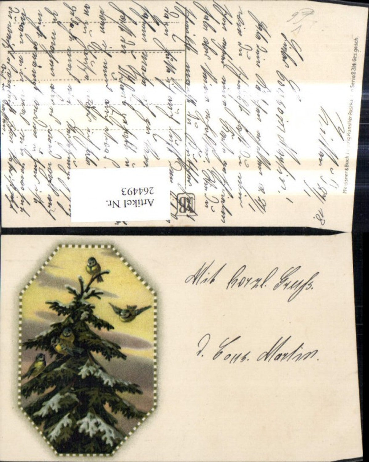 264493,Künstler Litho Meissner & Buch 2314 Tannenbaum m. Schnee Vögel Passepartout