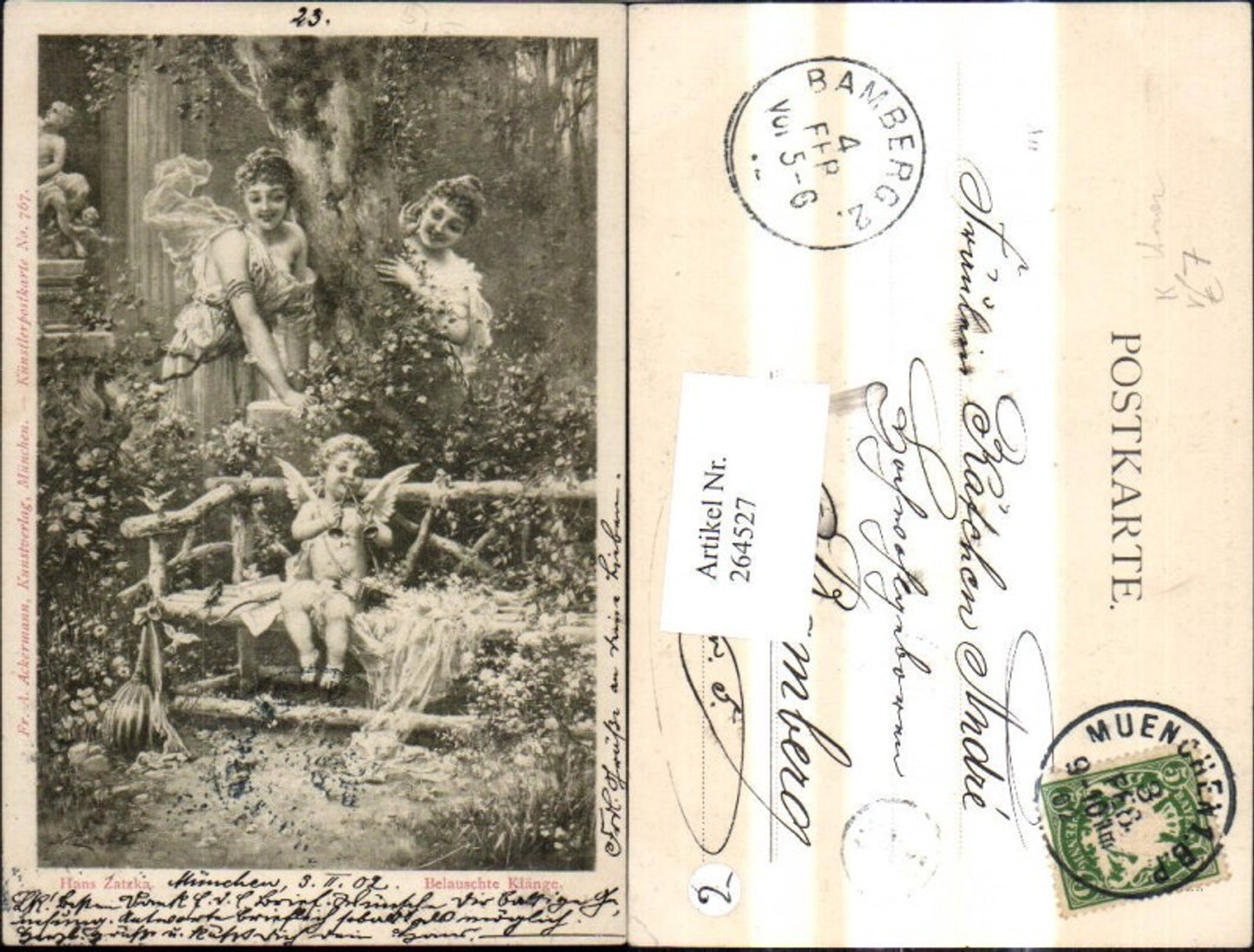 264527,Künstler Ak Hans Zatzka Belauschte Klänge Amor Frauen Tröte pub F. A. Ackermann 767