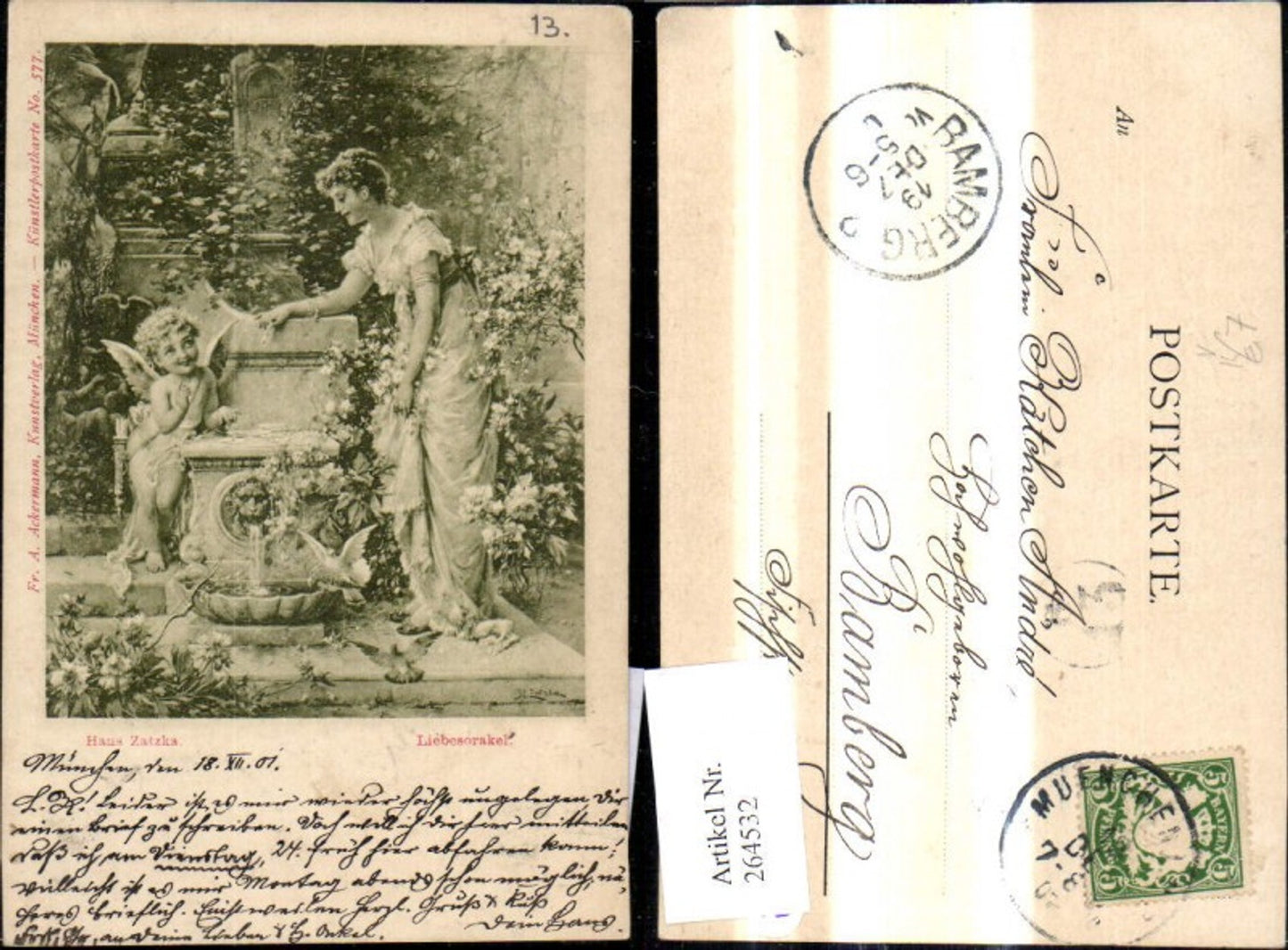 264532,Künstler Ak Hans Zatzka Liebesorakel Frau Amor b. Brunnen pub F. A. Ackermann 577