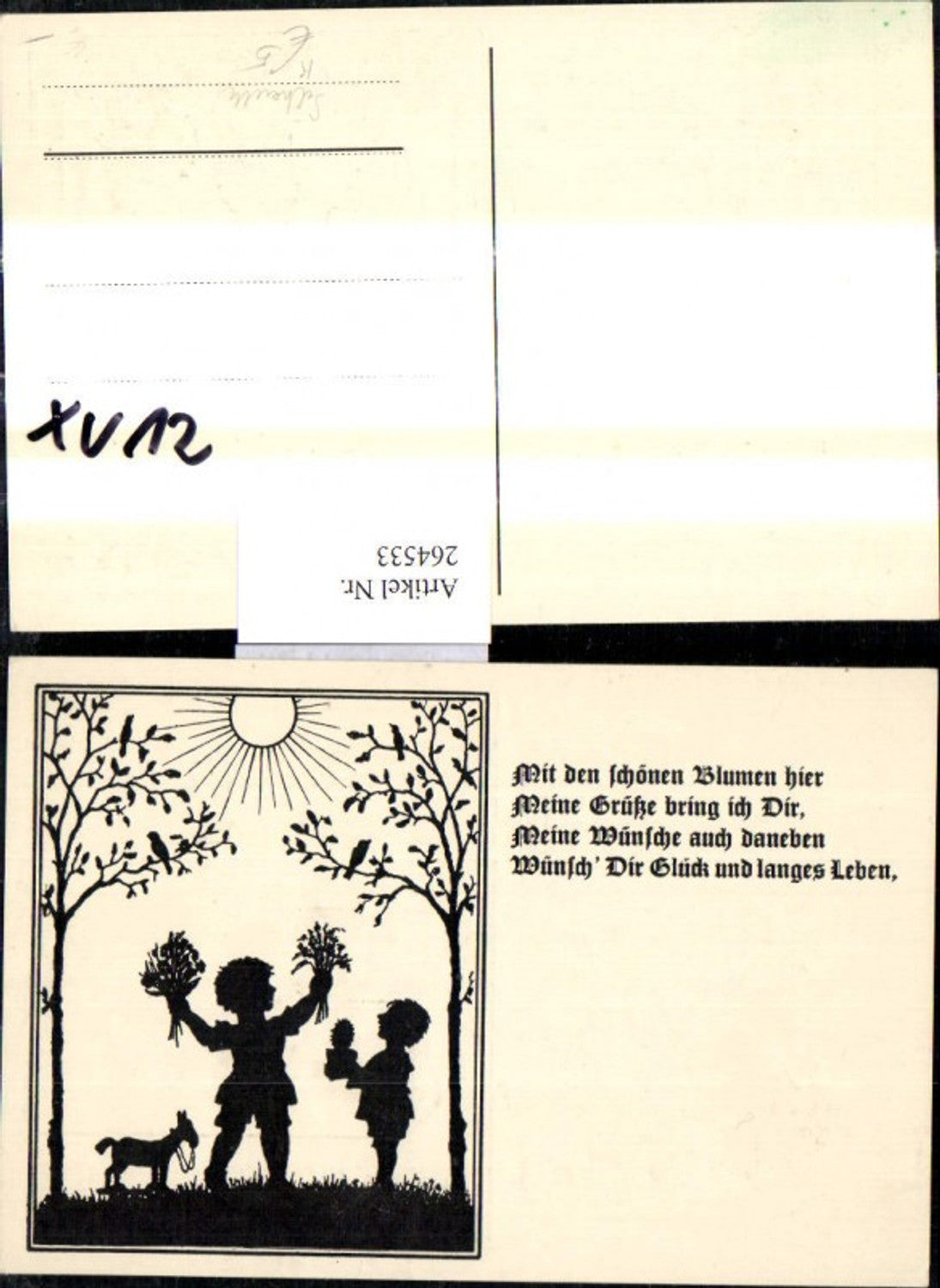 264533,Künstler Ak Scherenschnitt Silhouette Kinder m. Blumenstrauß Kaktustopf Schaukelpferd Text