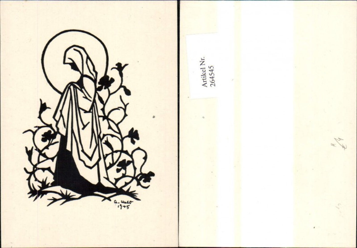 264545,Künstler Ak Scherenschnitt Silhouette Nonne Frau Heiligenschein Blumenranke