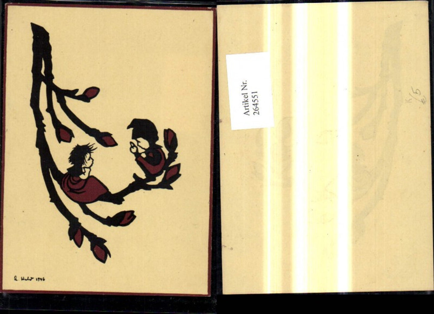 264551,Künstler Ak Scherenschnitt Silhouette Kinder sitzen a. Knospenzweig